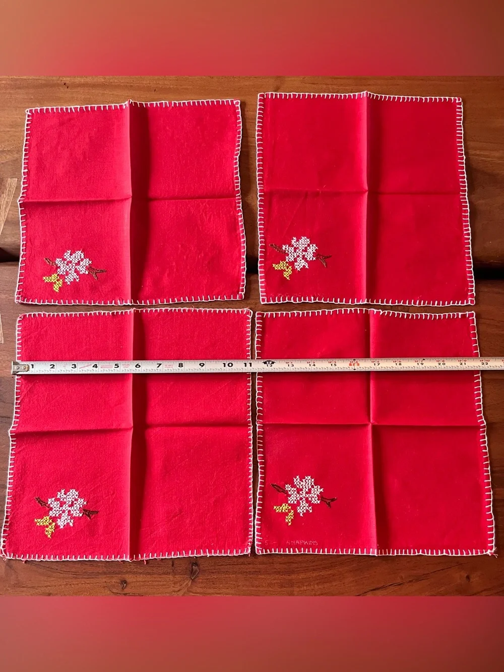 Vintage Tablecloth and 4 Napkin Set 33”Square Red Embroidered Flowers MCM